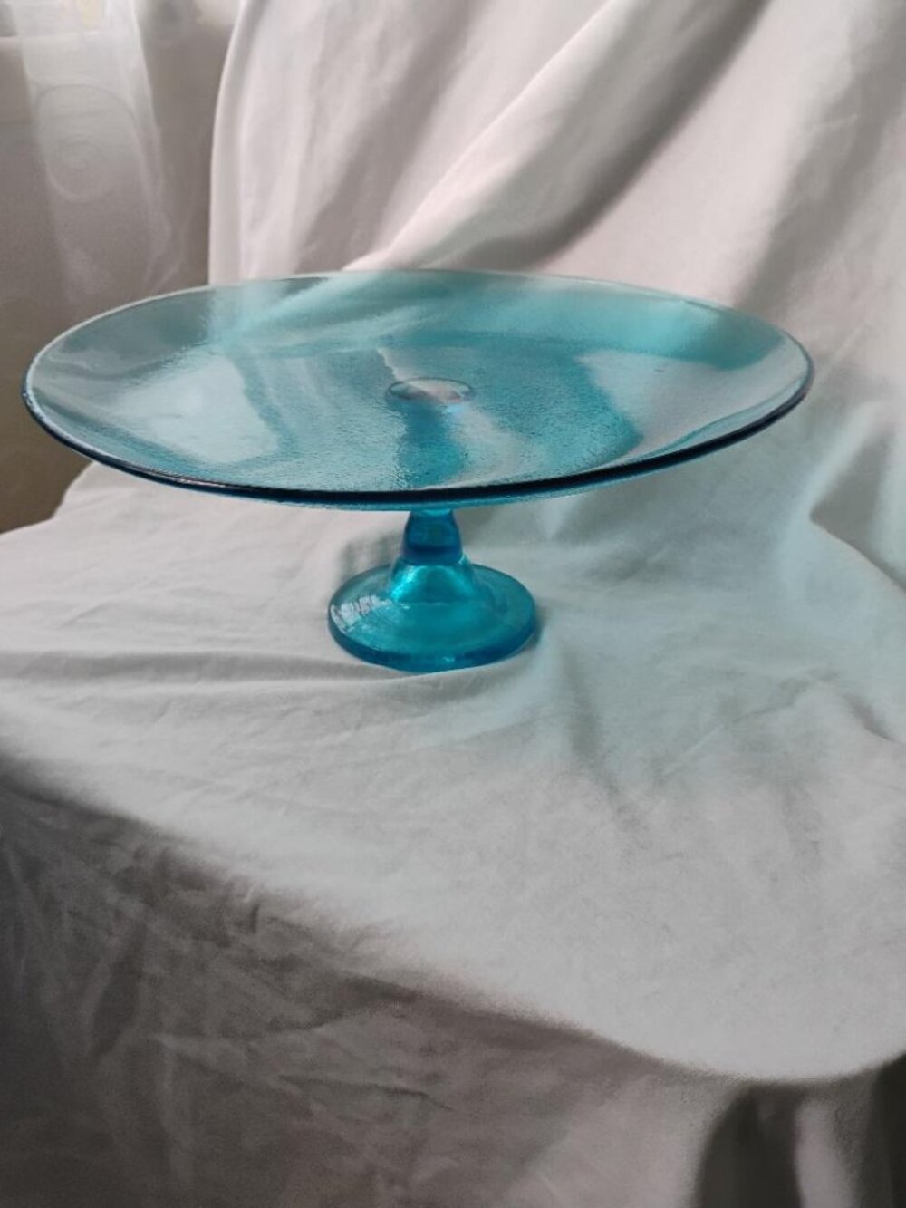 Vintage teal blue textured glass cake stand